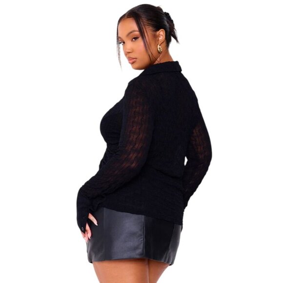 PrettyLittleThing Plus Black Mesh Button Front Shirt - Size UK 20 (US 16) - Picture 7 of 7